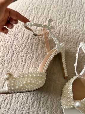 Pearl-Embellished White High Heel Sandals with Ankle Strap
